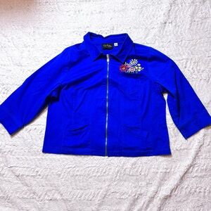 Vintage Bob Mackie Blue Floral Embroidered Zip Jacket XL | Y2K Retro Artsy Layer